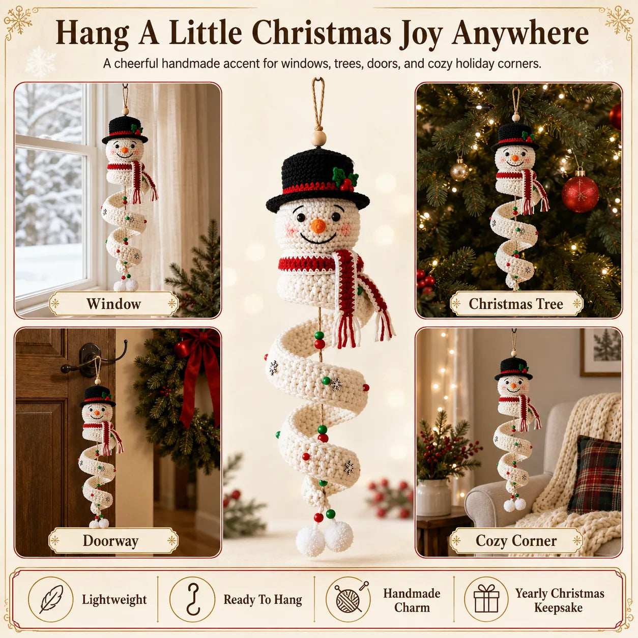 ☃️Crochet Snowman Spiral Ornament DIY Kit | Complete Beginner-Friendly Set with Soft Yarn, Crochet Hook, Festive Beads, Snowflakes & Step-by-Step Guide 🧶🎄✨