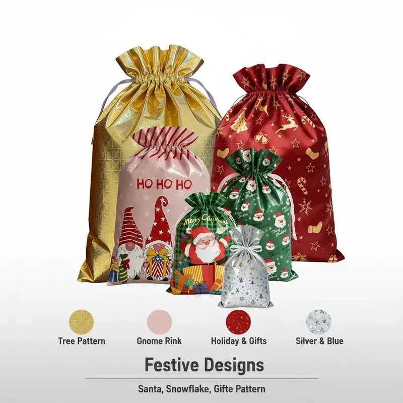 Reusable Christmas Drawstring Gift Bags Set - Assorted Sizes (Small/Medium/Large/Extra Large), Foil Wrapping Sacks with 18 Assorted Santa/Elk/Snowman Designs, Ribbon Included, Bulk Holiday Goody Pouches for Xmas Presents, Party Favors & Boys & Girls