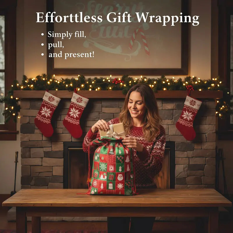 Reusable Christmas Drawstring Gift Bags Set - Assorted Sizes (Small/Medium/Large/Extra Large), Foil Wrapping Sacks with 18 Assorted Santa/Elk/Snowman Designs, Ribbon Included, Bulk Holiday Goody Pouches for Xmas Presents, Party Favors & Boys & Girls