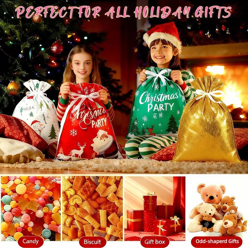 Reusable Christmas Drawstring Gift Bags Set - Assorted Sizes (Small/Medium/Large/Extra Large), Foil Wrapping Sacks with 18 Assorted Santa/Elk/Snowman Designs, Ribbon Included, Bulk Holiday Goody Pouches for Xmas Presents, Party Favors & Boys & Girls