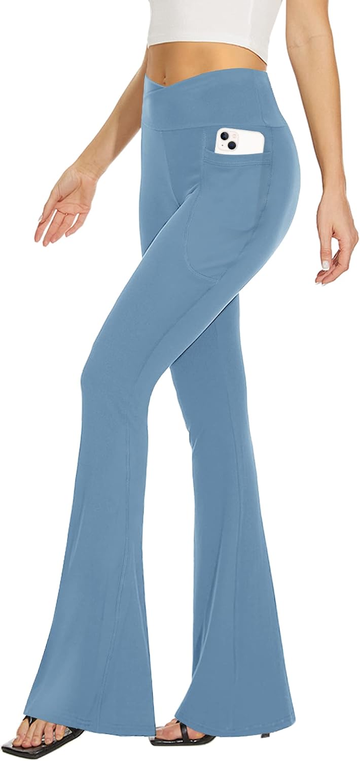 Black Flare Leggings for Women, Crossover Yoga Pants with Pockets Bootcut Flared Leggings