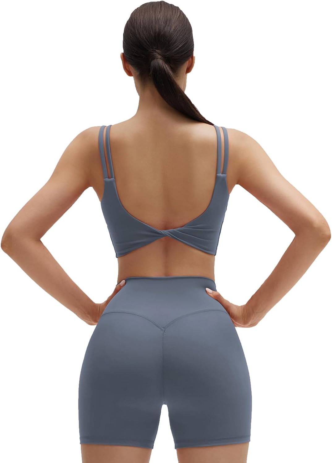 Womens Workout Set Fitness Yoga Pilates Crop Tank Twist Back Cami High Waisted Bike Short
