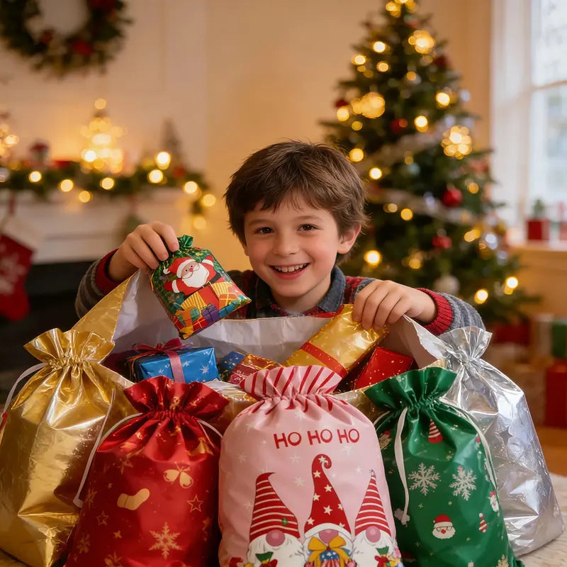 Reusable Christmas Drawstring Gift Bags Set - Assorted Sizes (Small/Medium/Large/Extra Large), Foil Wrapping Sacks with 18 Assorted Santa/Elk/Snowman Designs, Ribbon Included, Bulk Holiday Goody Pouches for Xmas Presents, Party Favors & Boys & Girls