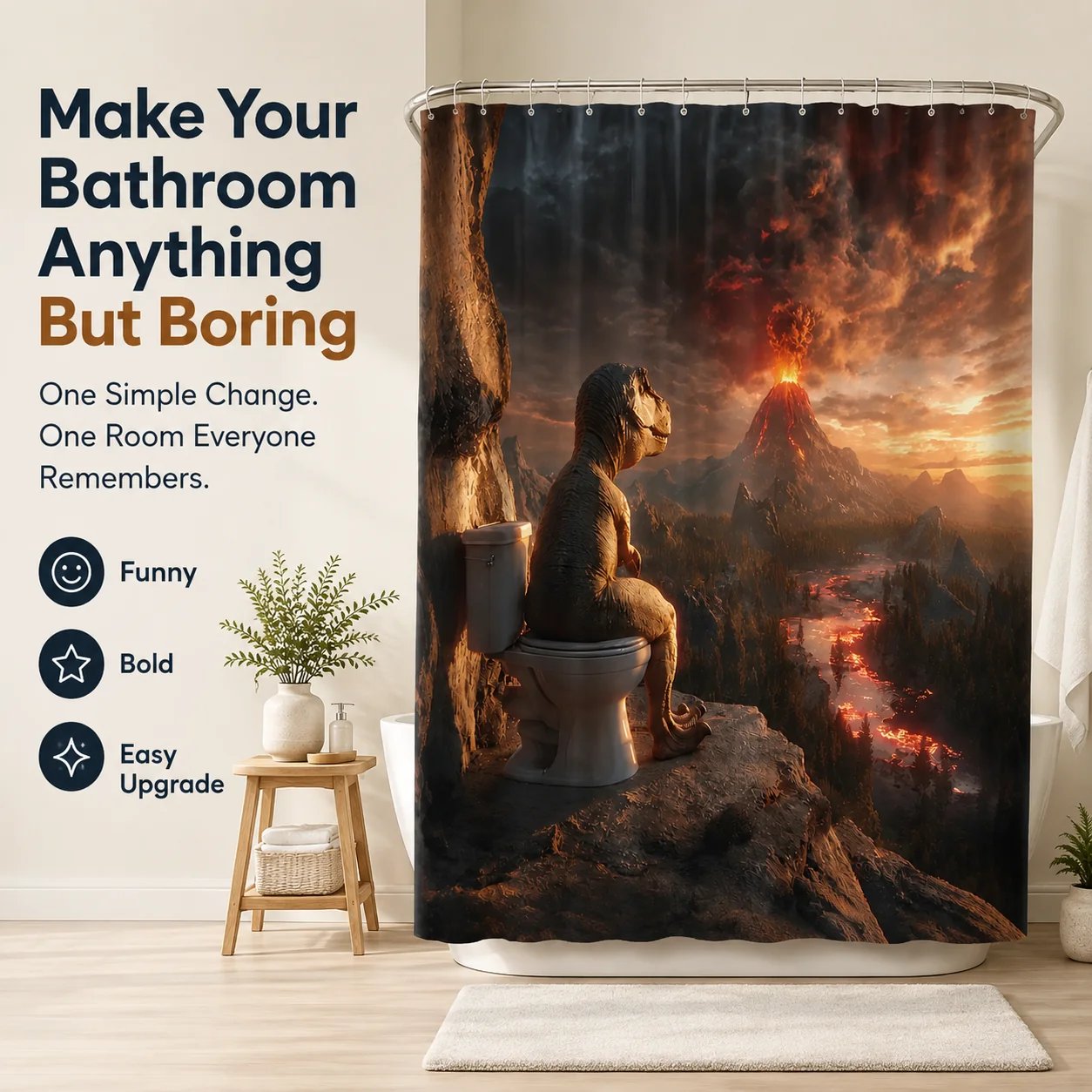 Fun Dinosaur Volcano Bathroom Shower Curtain