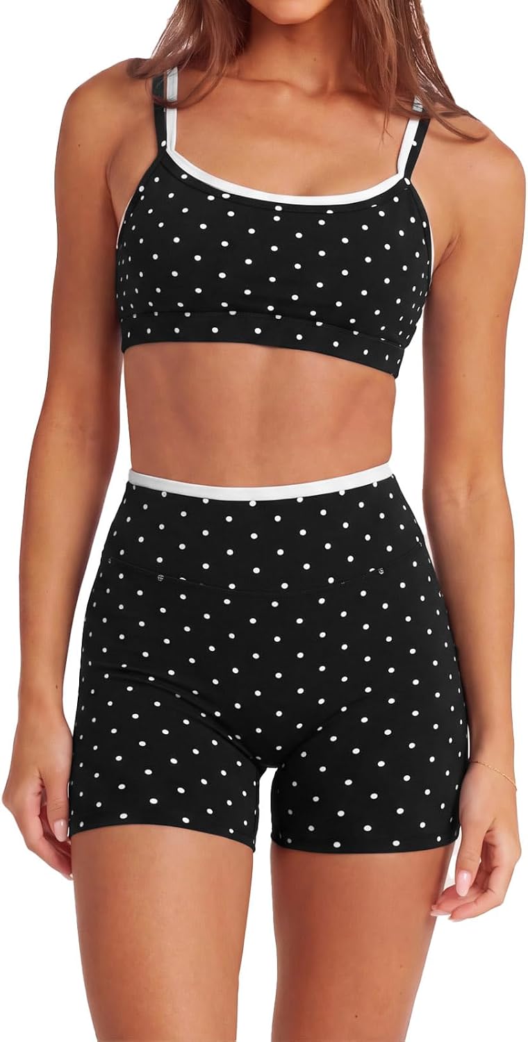 Women 2 Pieces Workout Sets Padded Spaghetti Straps Camis High Waist Biker Shorts