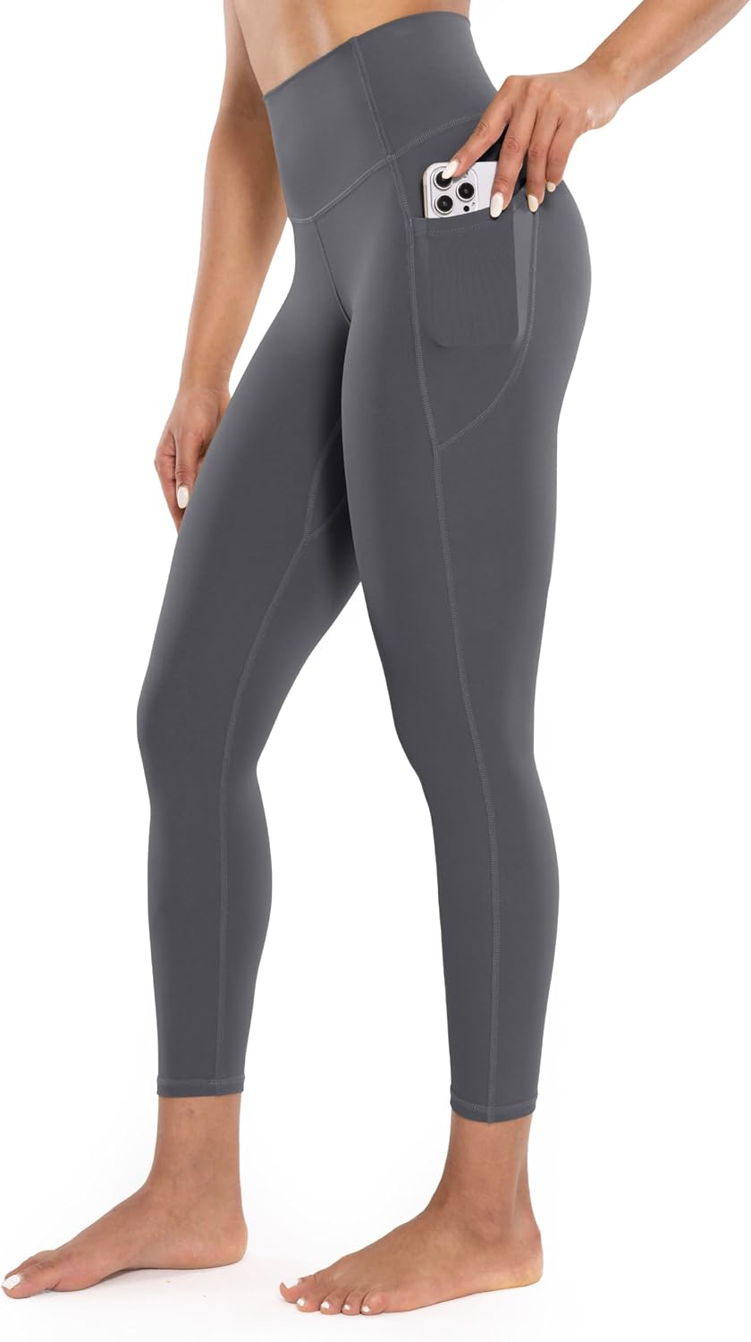 Workout Leggings with Pockets for Women High Waist Yoga Pants 25"/28" Cream Soft Lightweight Athletic Gym Tights