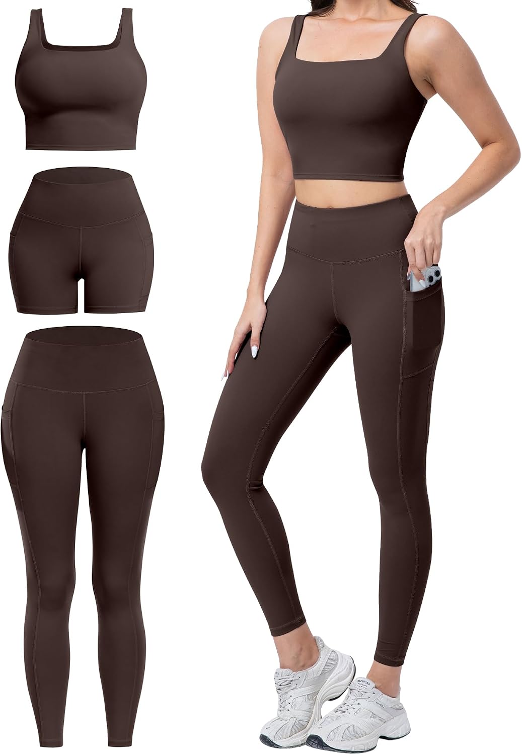 3 Piece Workout Sets for Women High Waisted Leggings with Pockets Biker Shorts Yoga Sports Bra