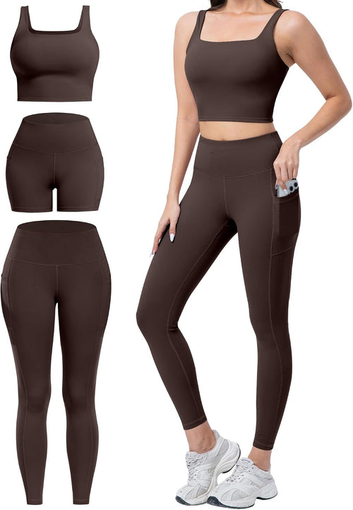 3 Piece Workout Sets for Women High Waisted Leggings with Pockets Biker Shorts Yoga Sports Bra