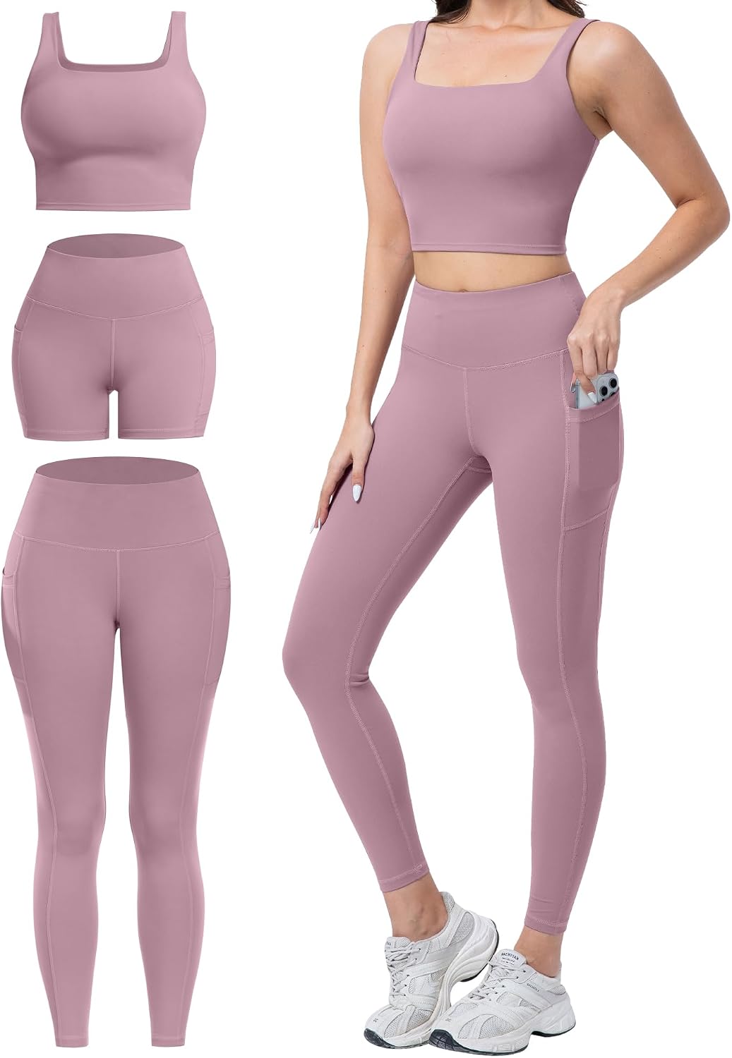 3 Piece Workout Sets for Women High Waisted Leggings with Pockets Biker Shorts Yoga Sports Bra