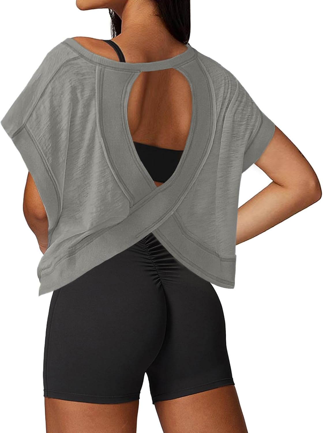 Open Back Workout Tops for Women Loose Fit Athletic Crop Tee Short Sleeve Gym Running Yoga Shirt