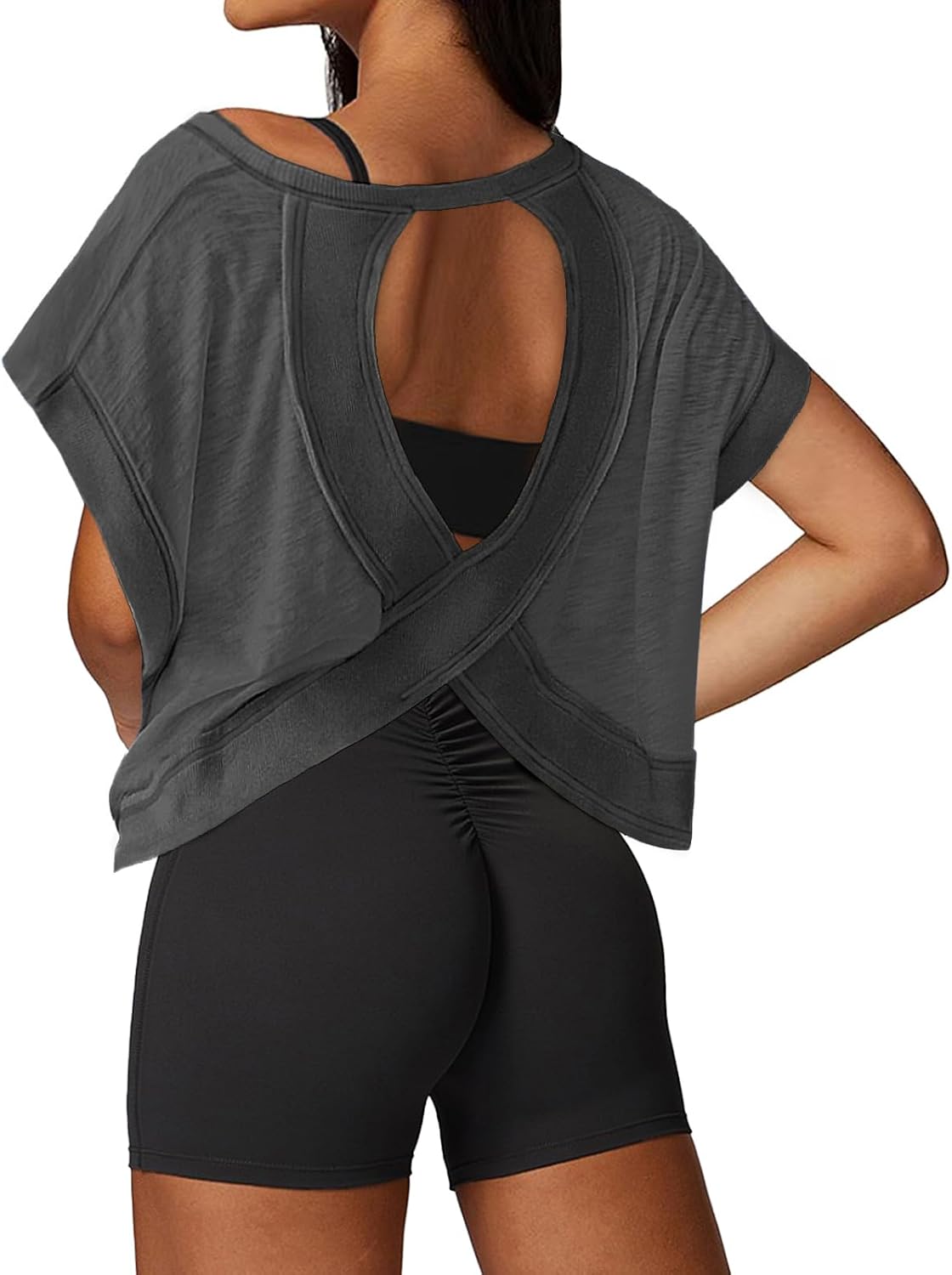 Open Back Workout Tops for Women Loose Fit Athletic Crop Tee Short Sleeve Gym Running Yoga Shirt