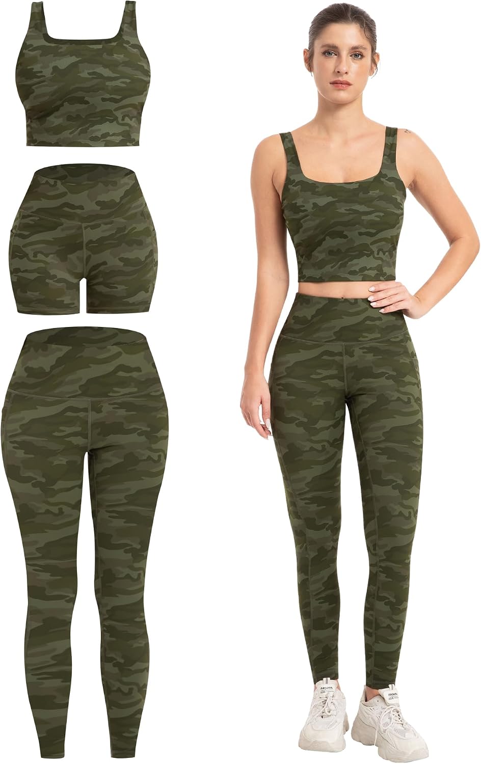 3 Piece Workout Sets for Women High Waisted Leggings with Pockets Biker Shorts Yoga Sports Bra