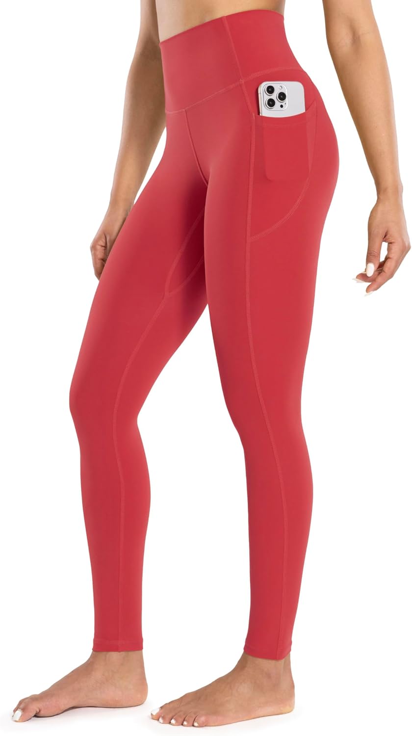 Workout Leggings with Pockets for Women High Waist Yoga Pants 25"/28" Cream Soft Lightweight Athletic Gym Tights