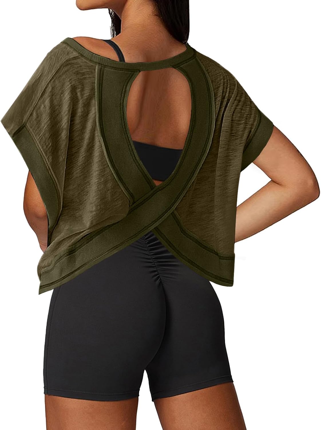 Open Back Workout Tops for Women Loose Fit Athletic Crop Tee Short Sleeve Gym Running Yoga Shirt