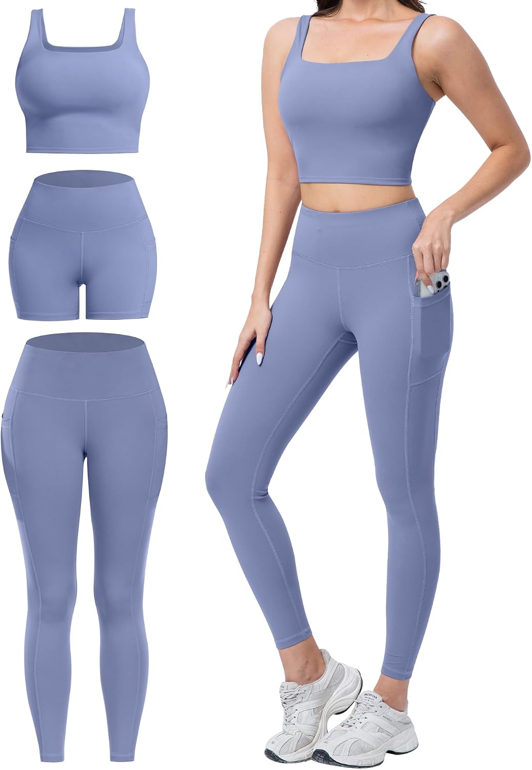 3 Piece Workout Sets for Women High Waisted Leggings with Pockets Biker Shorts Yoga Sports Bra