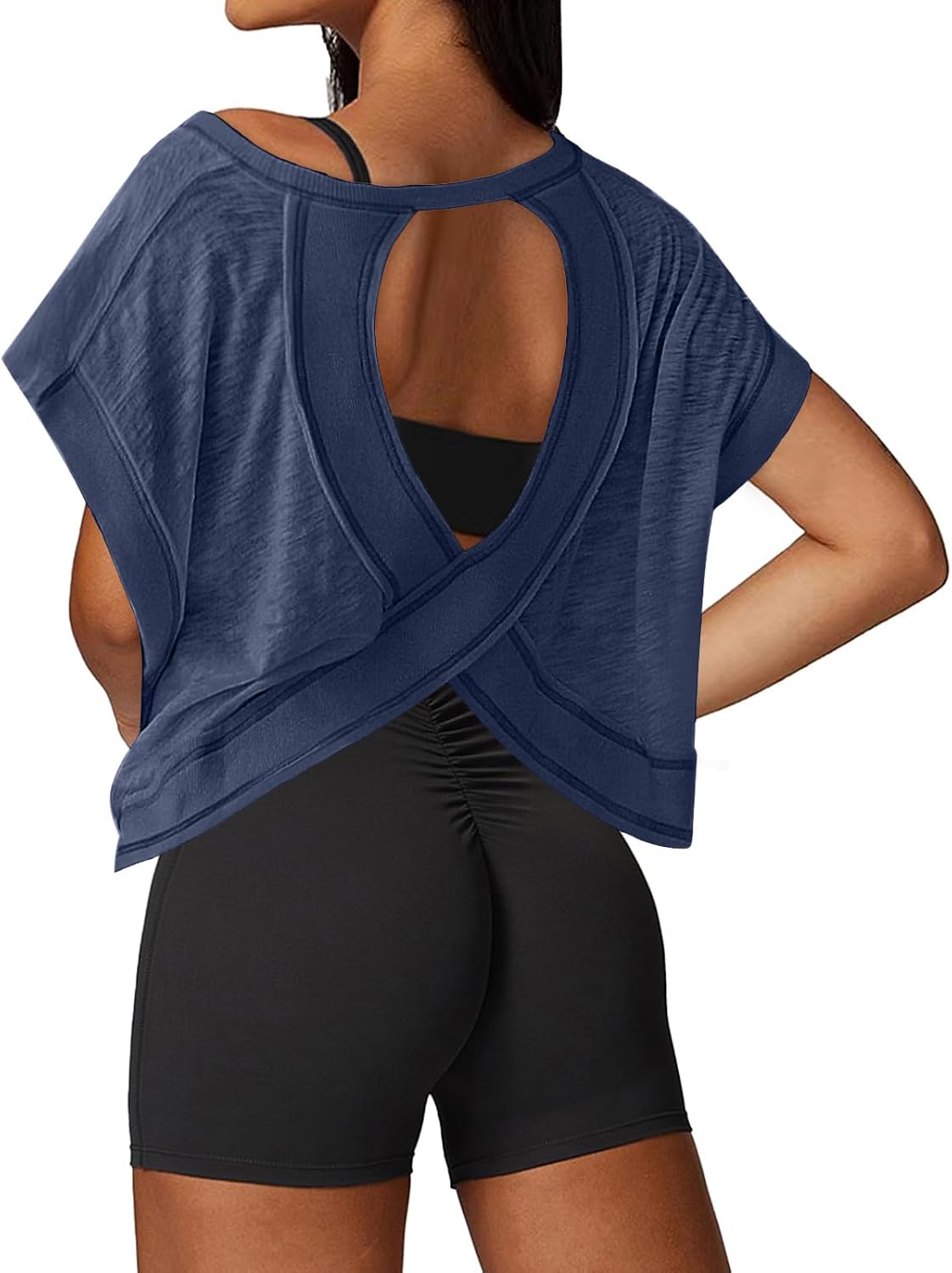 Open Back Workout Tops for Women Loose Fit Athletic Crop Tee Short Sleeve Gym Running Yoga Shirt