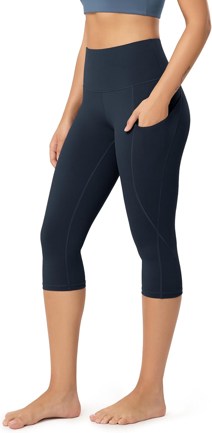 Women's High Waisted Yoga Capris with Pockets, Tummy Control Non See Through Workout Athletic Running Capri Leggings
