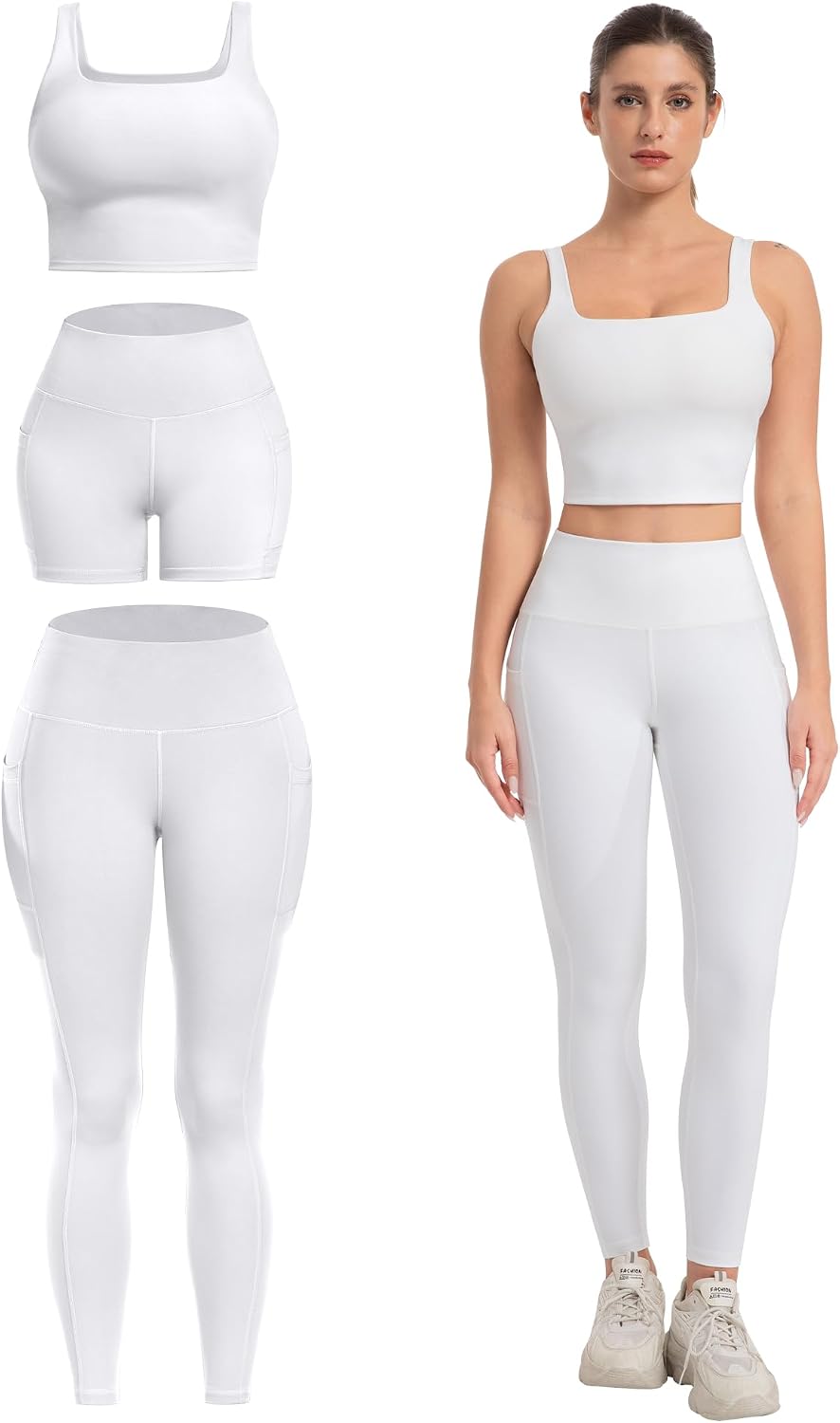 3 Piece Workout Sets for Women High Waisted Leggings with Pockets Biker Shorts Yoga Sports Bra