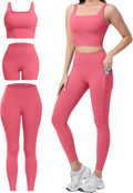 3 Piece Workout Sets for Women High Waisted Leggings with Pockets Biker Shorts Yoga Sports Bra