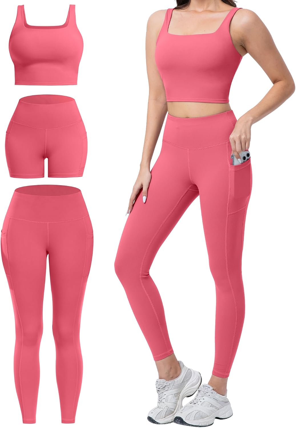 3 Piece Workout Sets for Women High Waisted Leggings with Pockets Biker Shorts Yoga Sports Bra