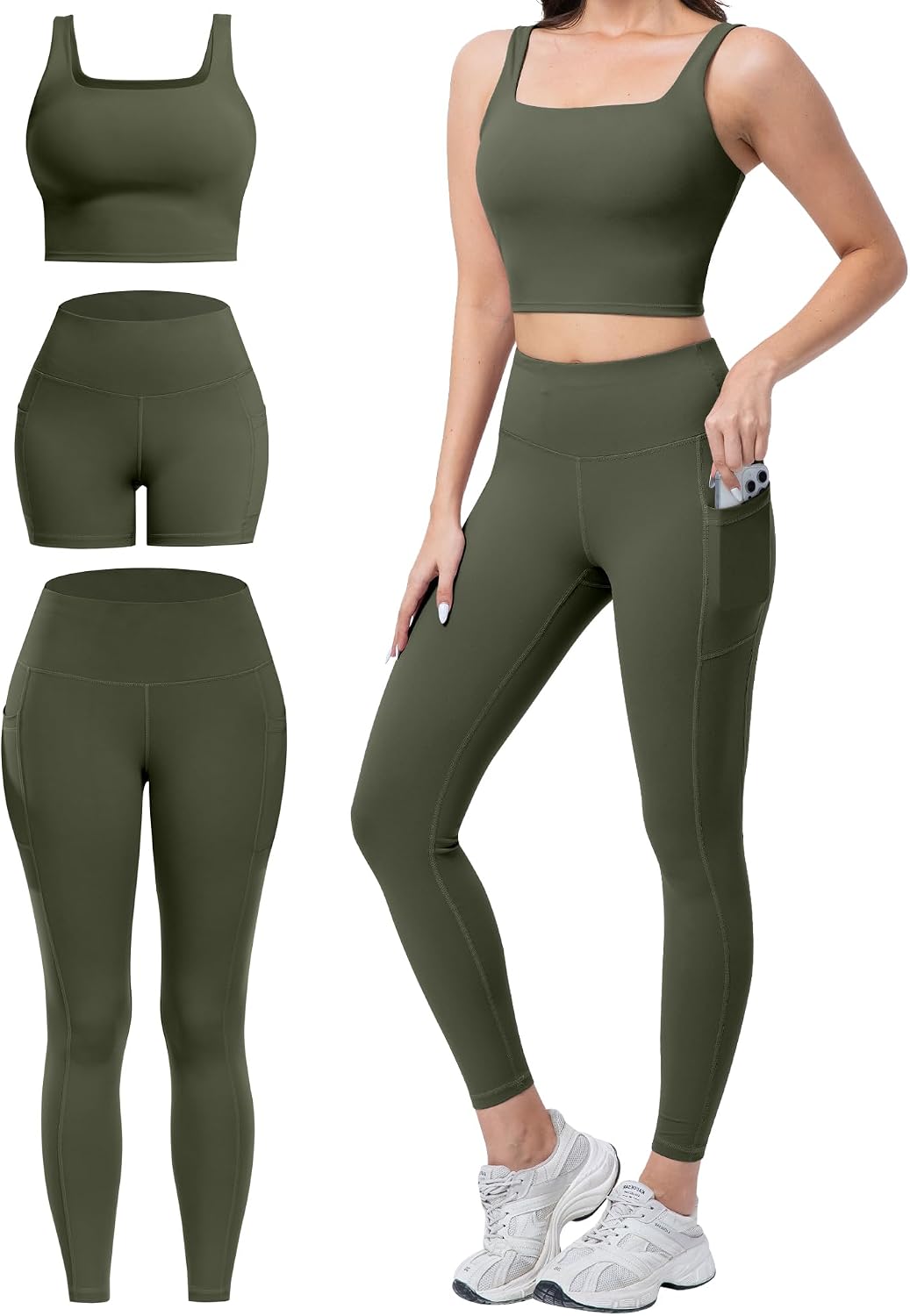 3 Piece Workout Sets for Women High Waisted Leggings with Pockets Biker Shorts Yoga Sports Bra