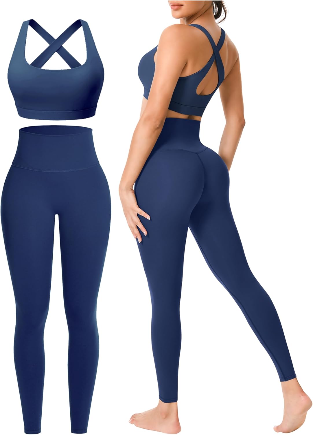 Workout Sets for Women 2 Piece Seamless High-Waisted Leggings & Cross Back Padded Sports Bra for Yoga Pilates