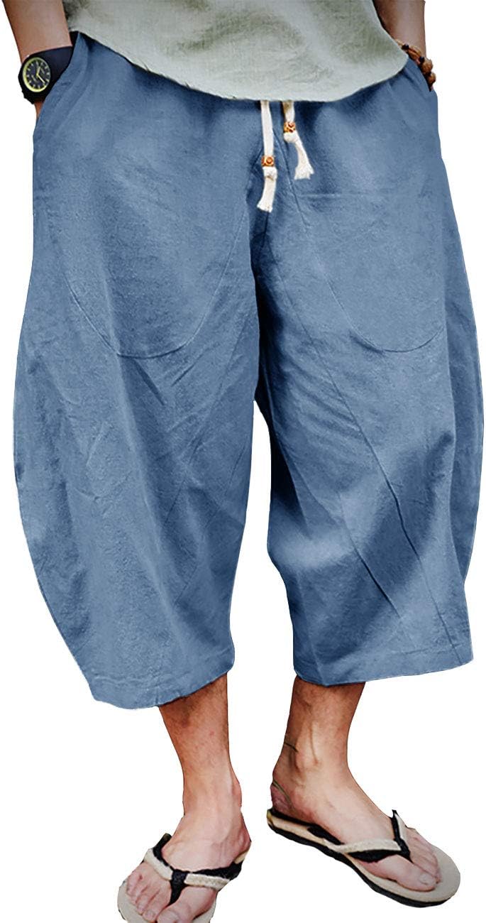 Mens Cotton Linen Capri Pants Light Loose 3/4 Long Shorts Elastic Waist Drawstring Harem Casual Beach Yoga Trousers