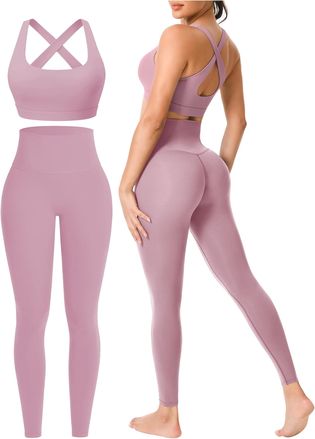 Workout Sets for Women 2 Piece Seamless High-Waisted Leggings & Cross Back Padded Sports Bra for Yoga Pilates