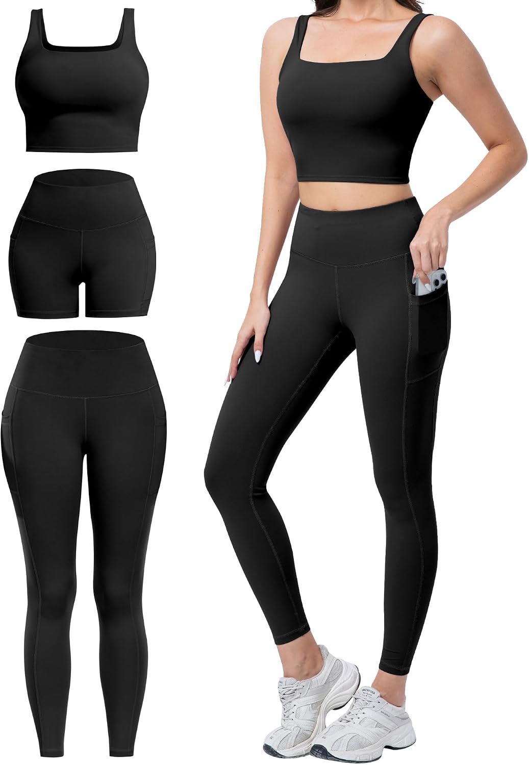 3 Piece Workout Sets for Women High Waisted Leggings with Pockets Biker Shorts Yoga Sports Bra