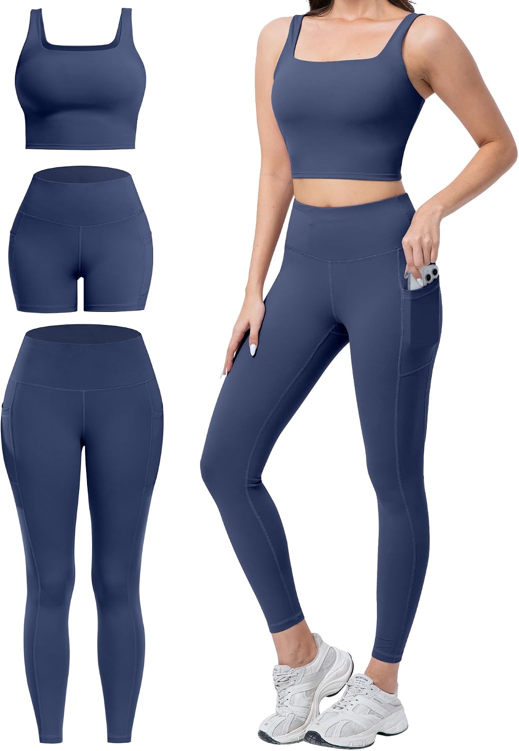 3 Piece Workout Sets for Women High Waisted Leggings with Pockets Biker Shorts Yoga Sports Bra