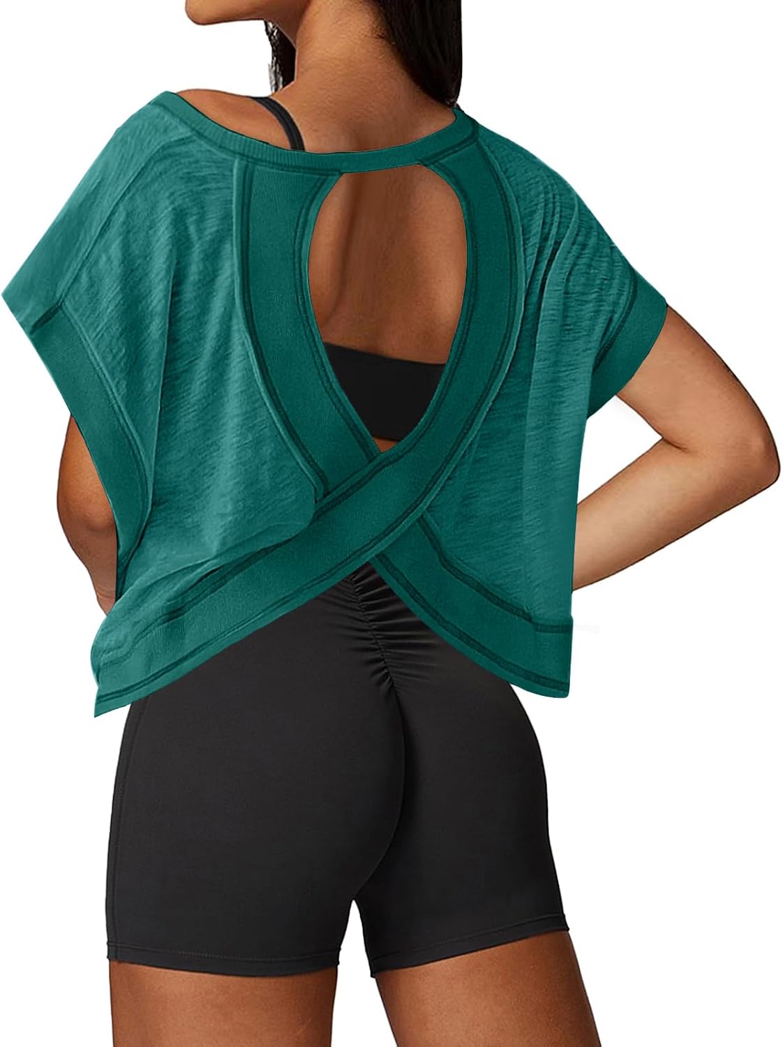 Open Back Workout Tops for Women Loose Fit Athletic Crop Tee Short Sleeve Gym Running Yoga Shirt