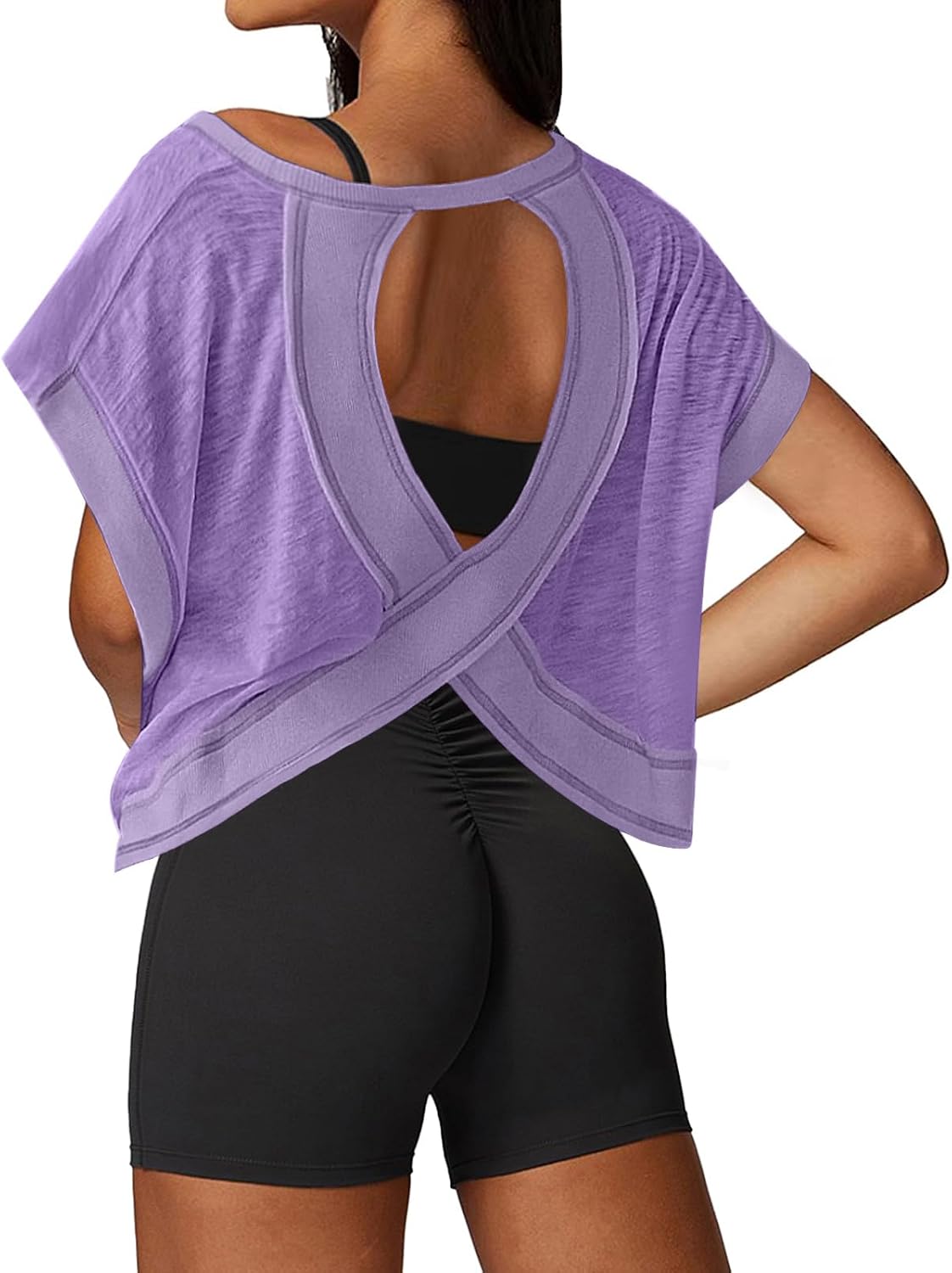 Open Back Workout Tops for Women Loose Fit Athletic Crop Tee Short Sleeve Gym Running Yoga Shirt