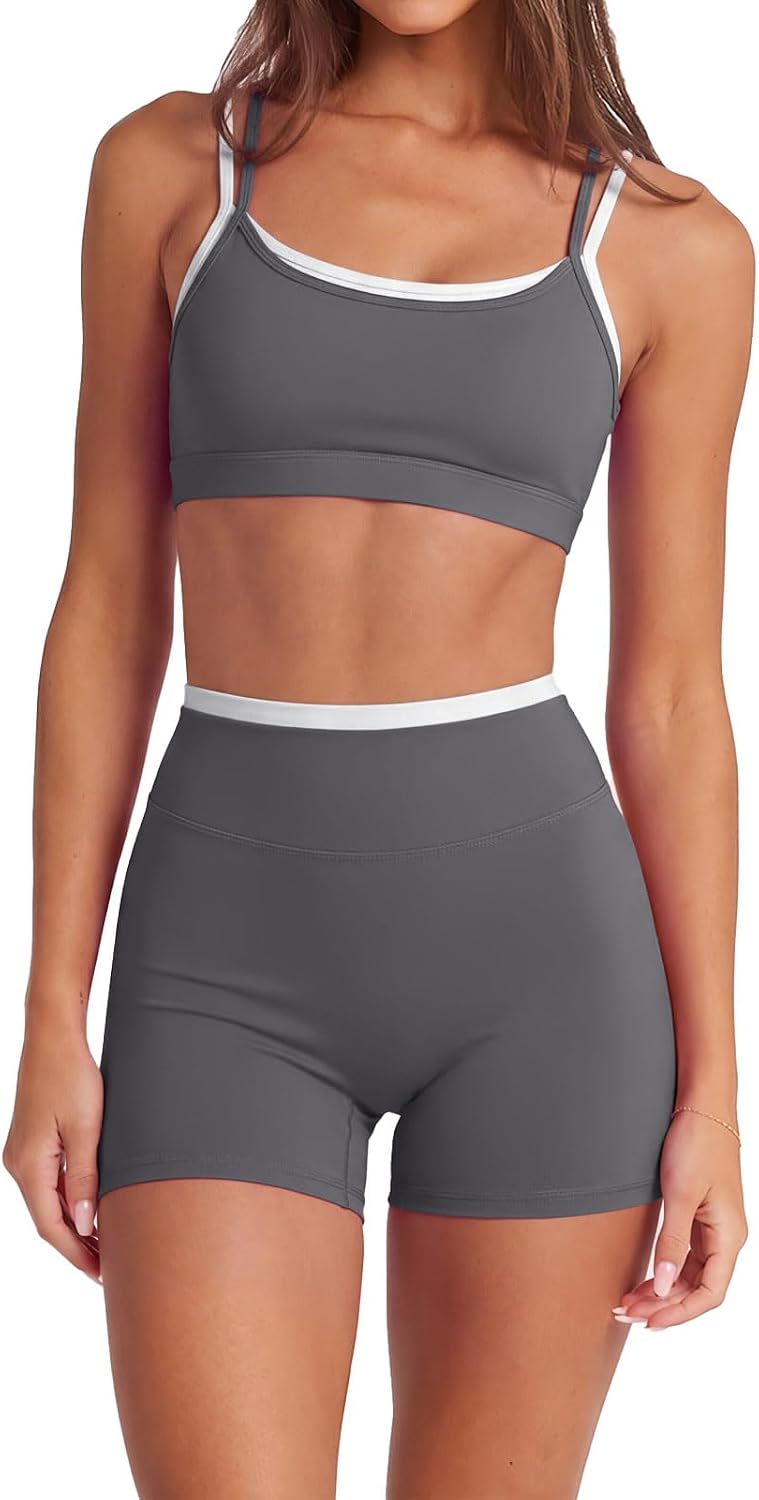 Women 2 Pieces Workout Sets Padded Spaghetti Straps Camis High Waist Biker Shorts
