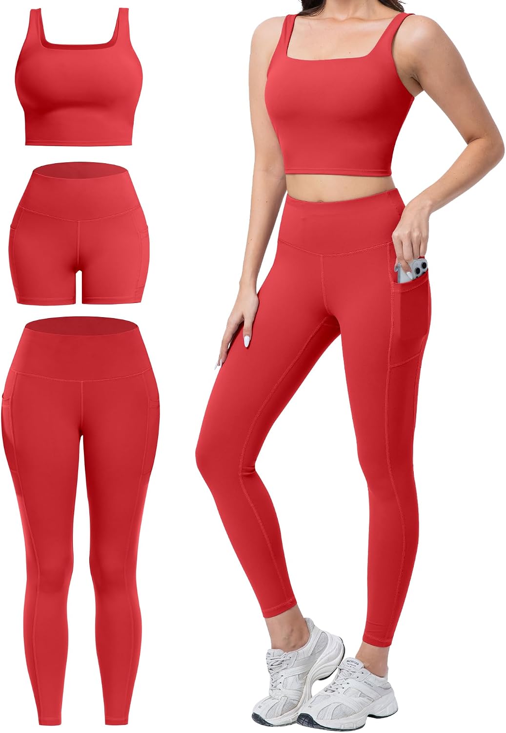 3 Piece Workout Sets for Women High Waisted Leggings with Pockets Biker Shorts Yoga Sports Bra