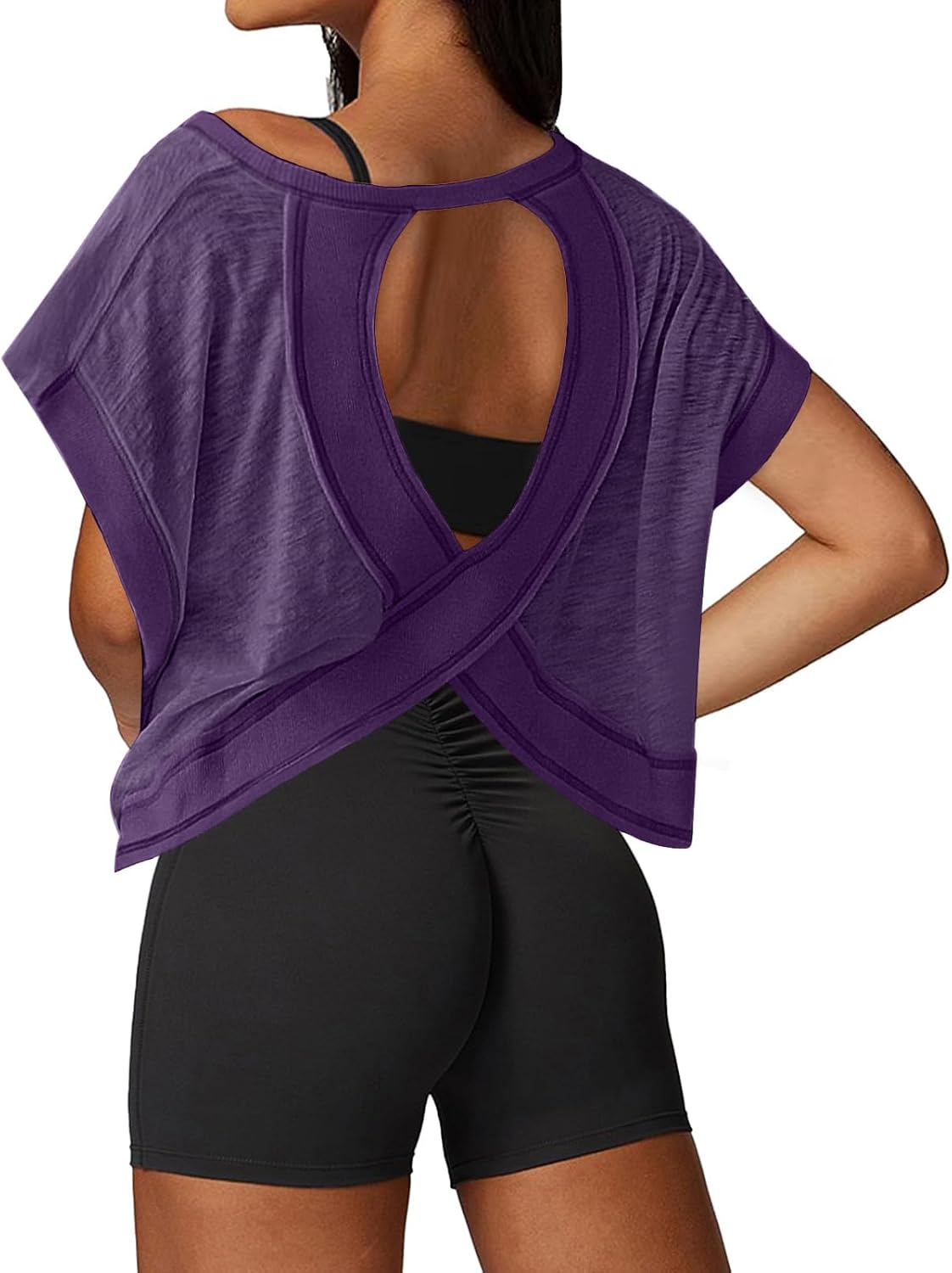 Open Back Workout Tops for Women Loose Fit Athletic Crop Tee Short Sleeve Gym Running Yoga Shirt