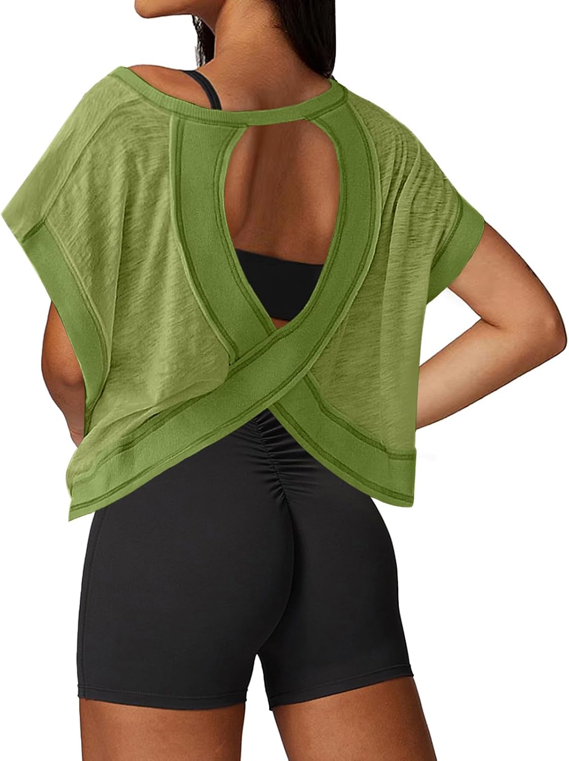 Open Back Workout Tops for Women Loose Fit Athletic Crop Tee Short Sleeve Gym Running Yoga Shirt
