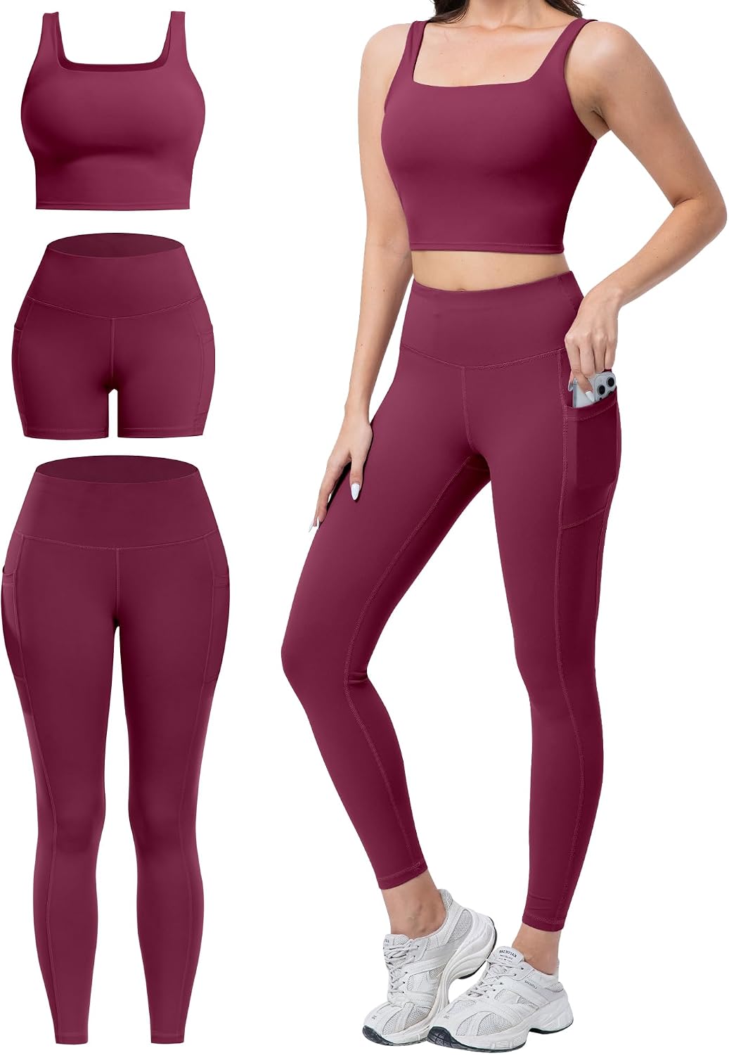 3 Piece Workout Sets for Women High Waisted Leggings with Pockets Biker Shorts Yoga Sports Bra