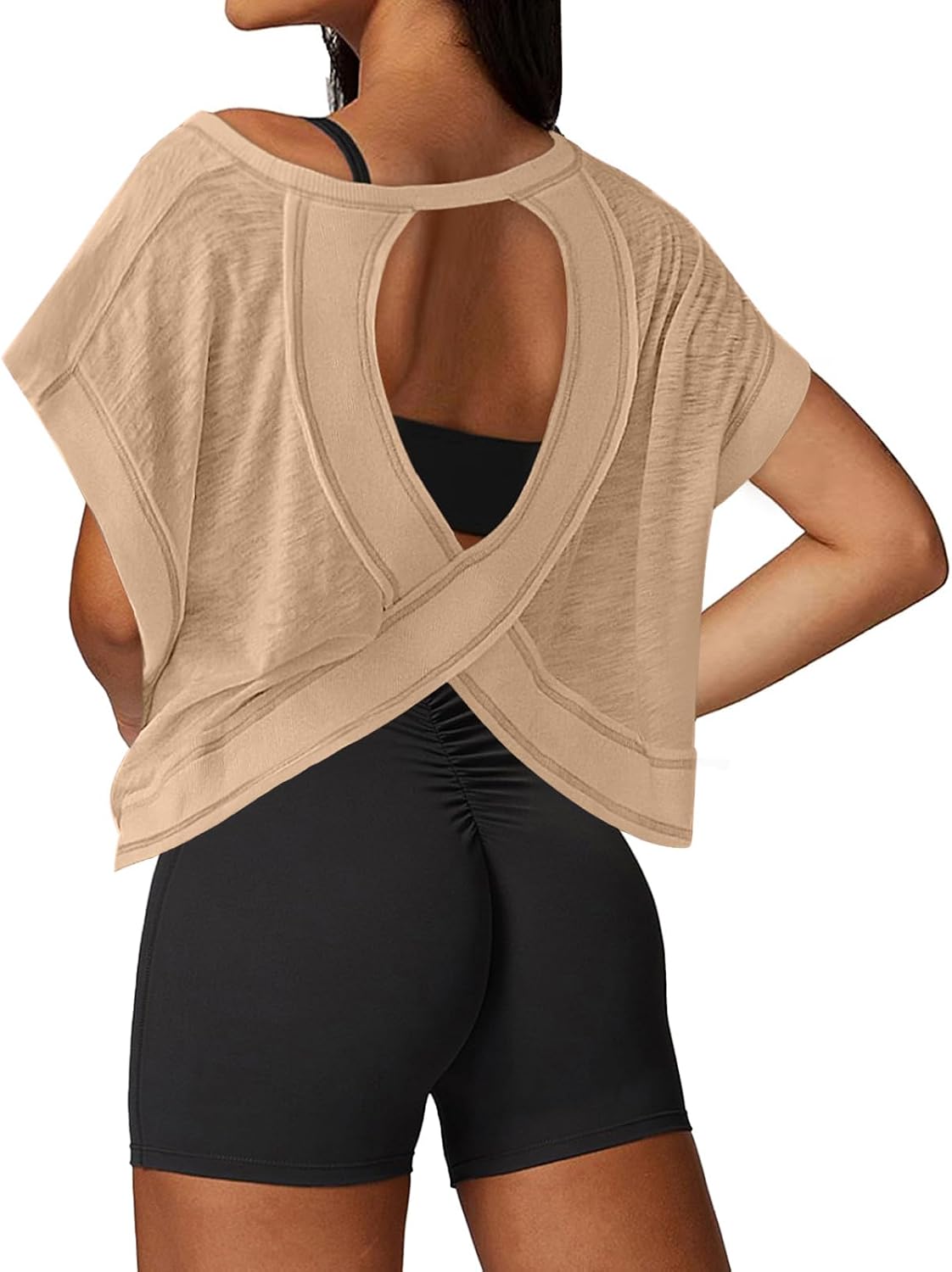 Open Back Workout Tops for Women Loose Fit Athletic Crop Tee Short Sleeve Gym Running Yoga Shirt
