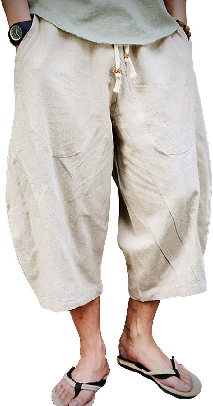 Mens Cotton Linen Capri Pants Light Loose 3/4 Long Shorts Elastic Waist Drawstring Harem Casual Beach Yoga Trousers