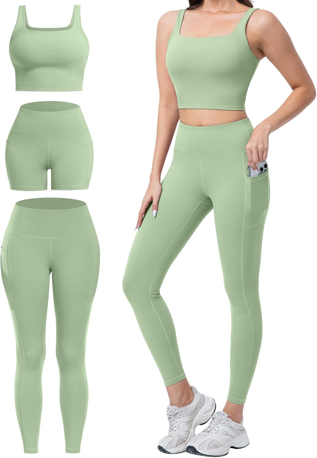 3 Piece Workout Sets for Women High Waisted Leggings with Pockets Biker Shorts Yoga Sports Bra