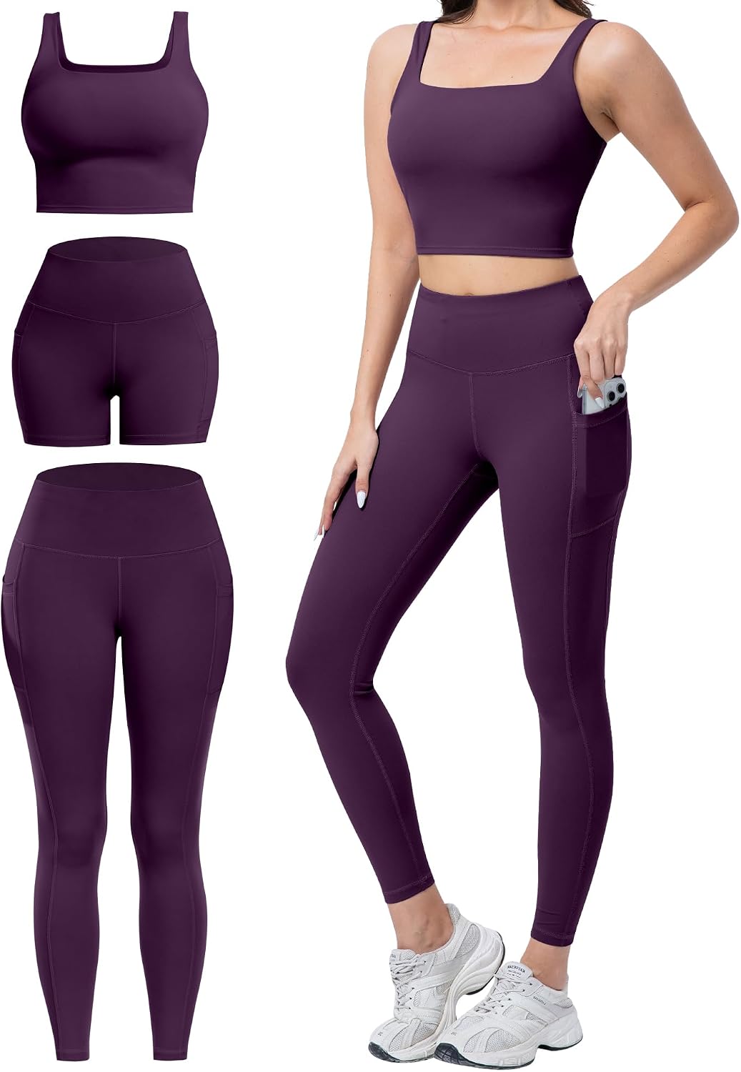 3 Piece Workout Sets for Women High Waisted Leggings with Pockets Biker Shorts Yoga Sports Bra
