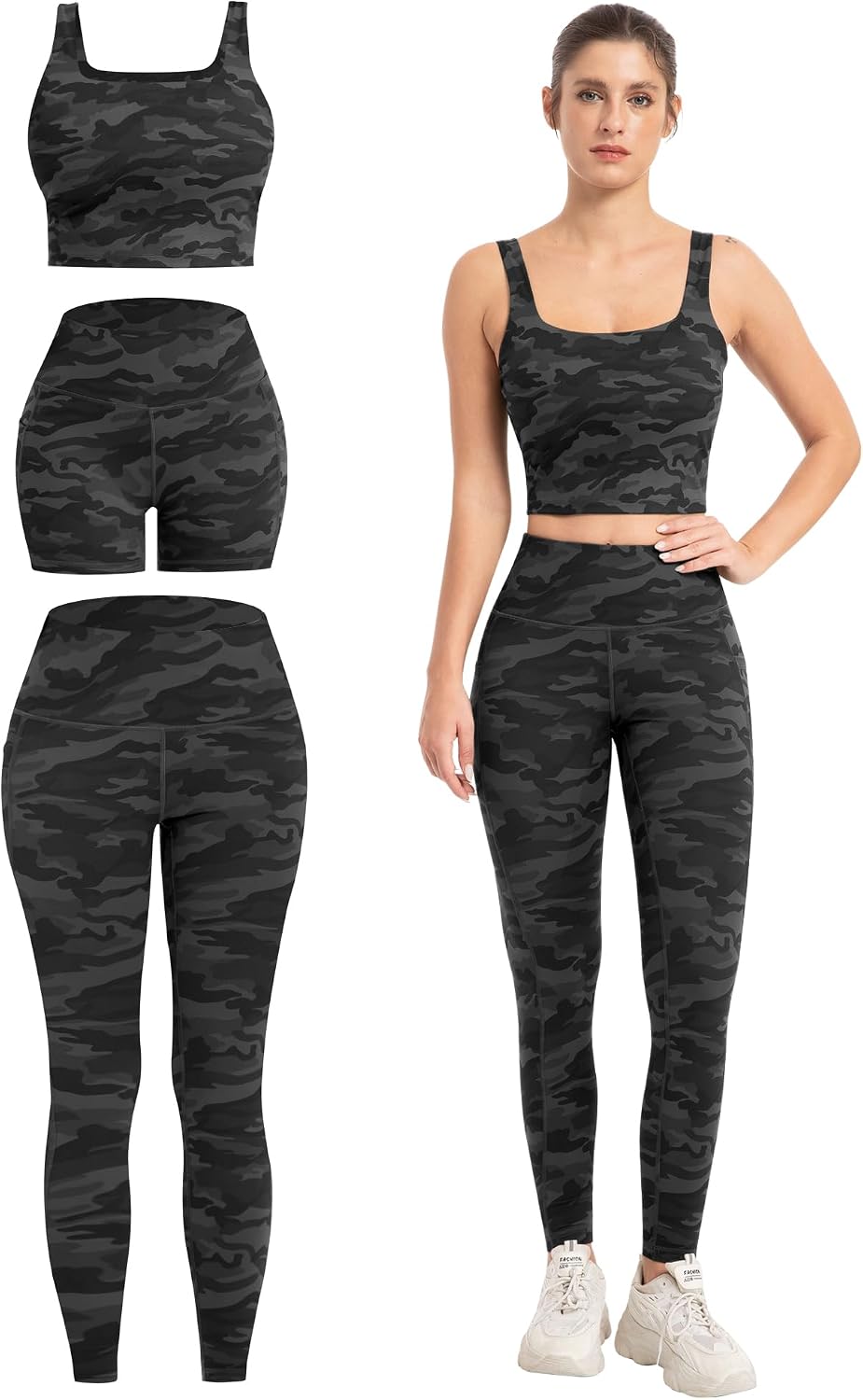 3 Piece Workout Sets for Women High Waisted Leggings with Pockets Biker Shorts Yoga Sports Bra
