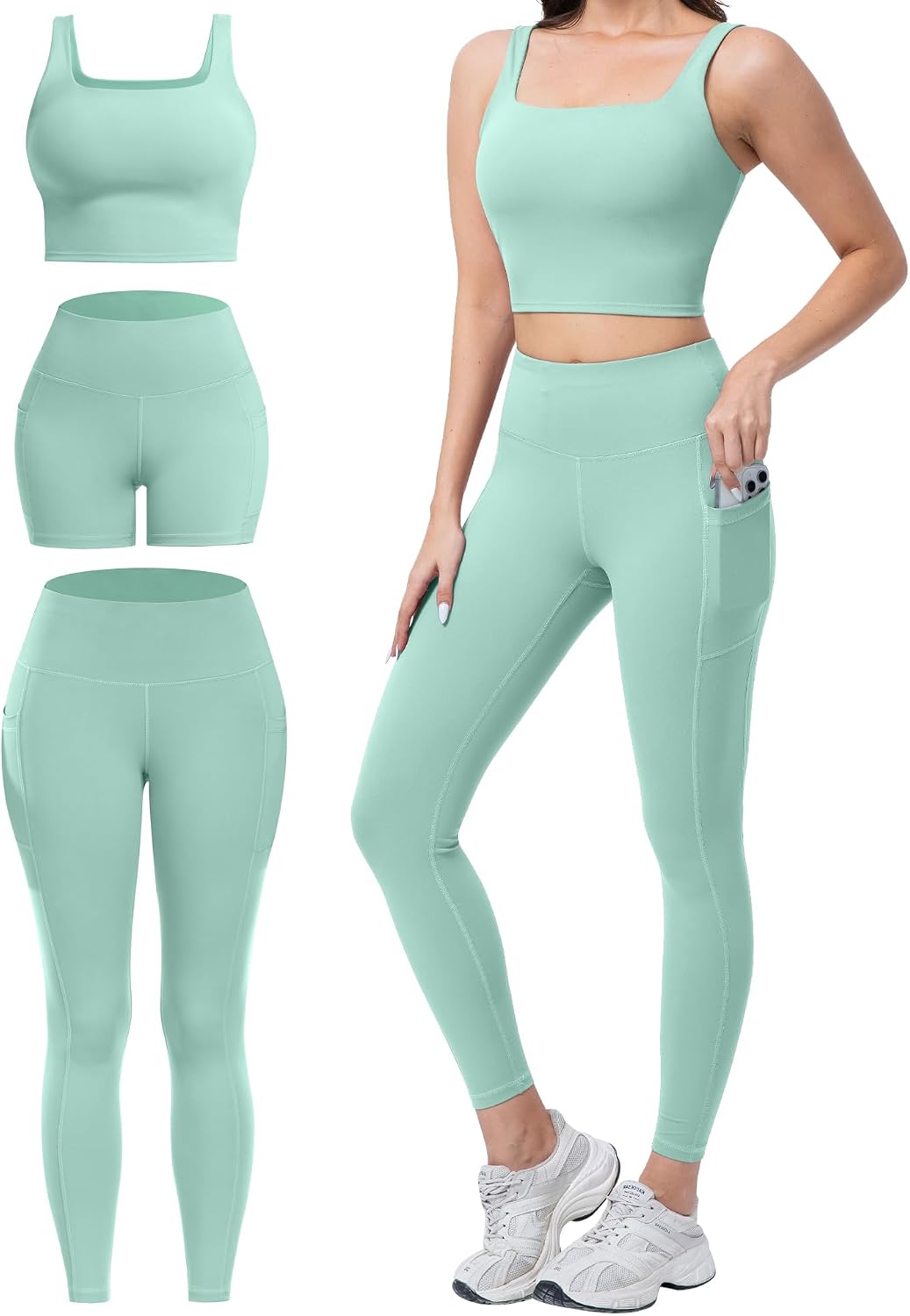 3 Piece Workout Sets for Women High Waisted Leggings with Pockets Biker Shorts Yoga Sports Bra