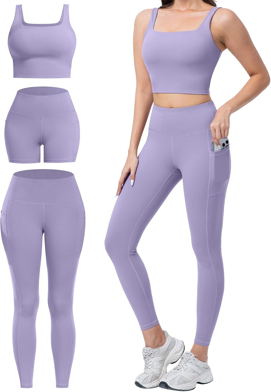 3 Piece Workout Sets for Women High Waisted Leggings with Pockets Biker Shorts Yoga Sports Bra