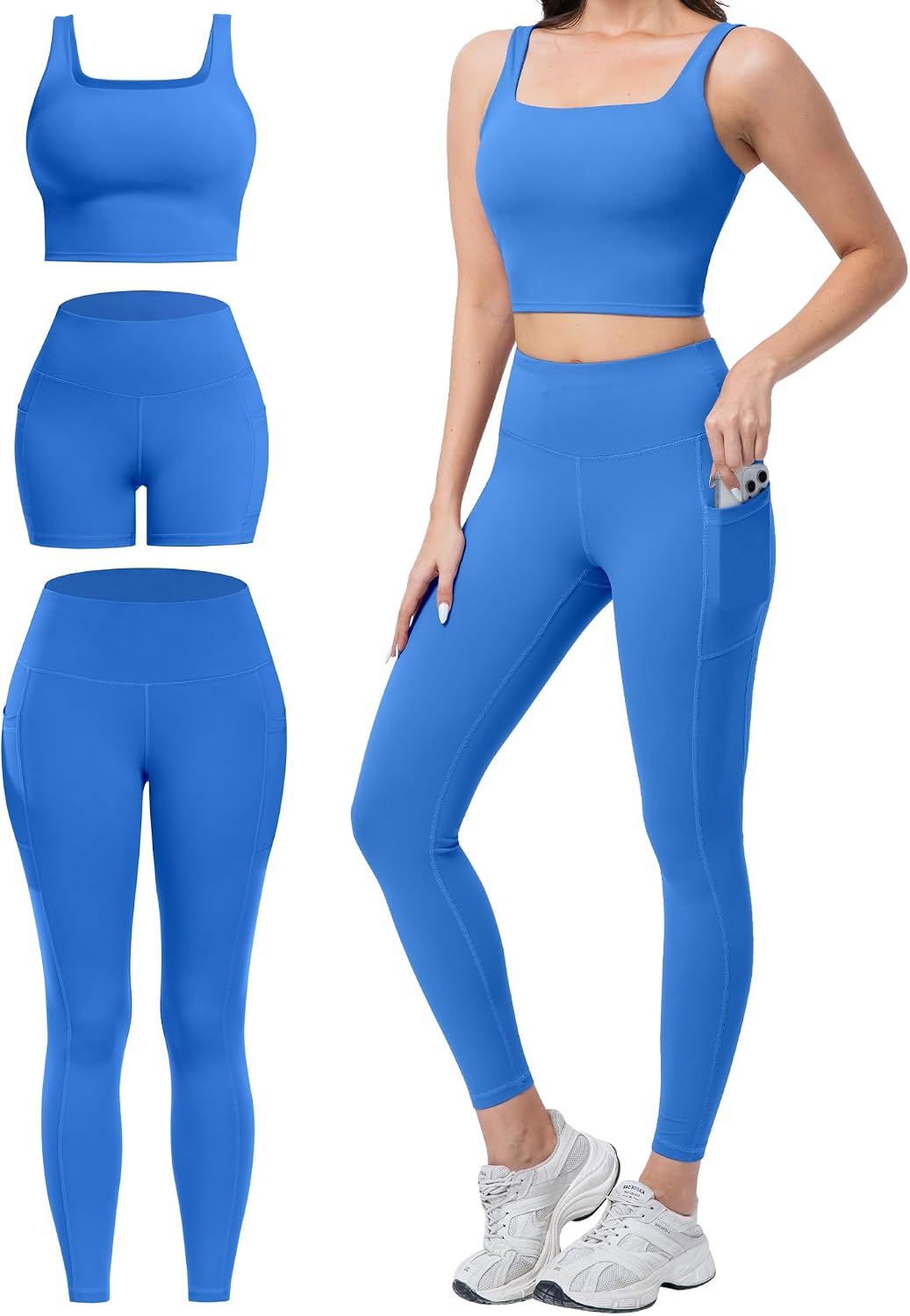 3 Piece Workout Sets for Women High Waisted Leggings with Pockets Biker Shorts Yoga Sports Bra