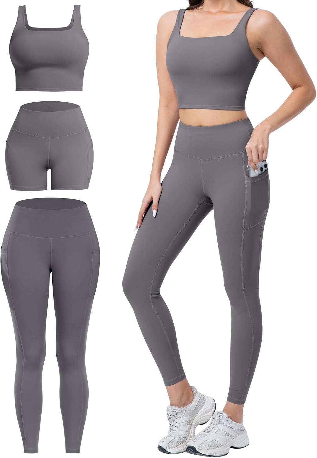 3 Piece Workout Sets for Women High Waisted Leggings with Pockets Biker Shorts Yoga Sports Bra