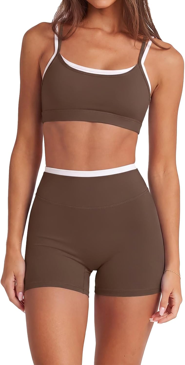 Women 2 Pieces Workout Sets Padded Spaghetti Straps Camis High Waist Biker Shorts