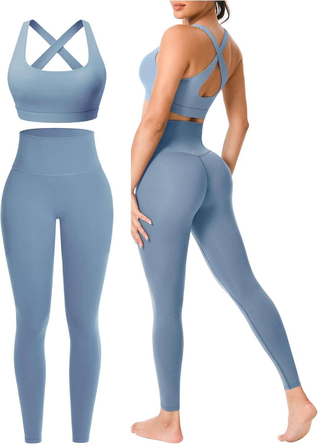 Workout Sets for Women 2 Piece Seamless High-Waisted Leggings & Cross Back Padded Sports Bra for Yoga Pilates