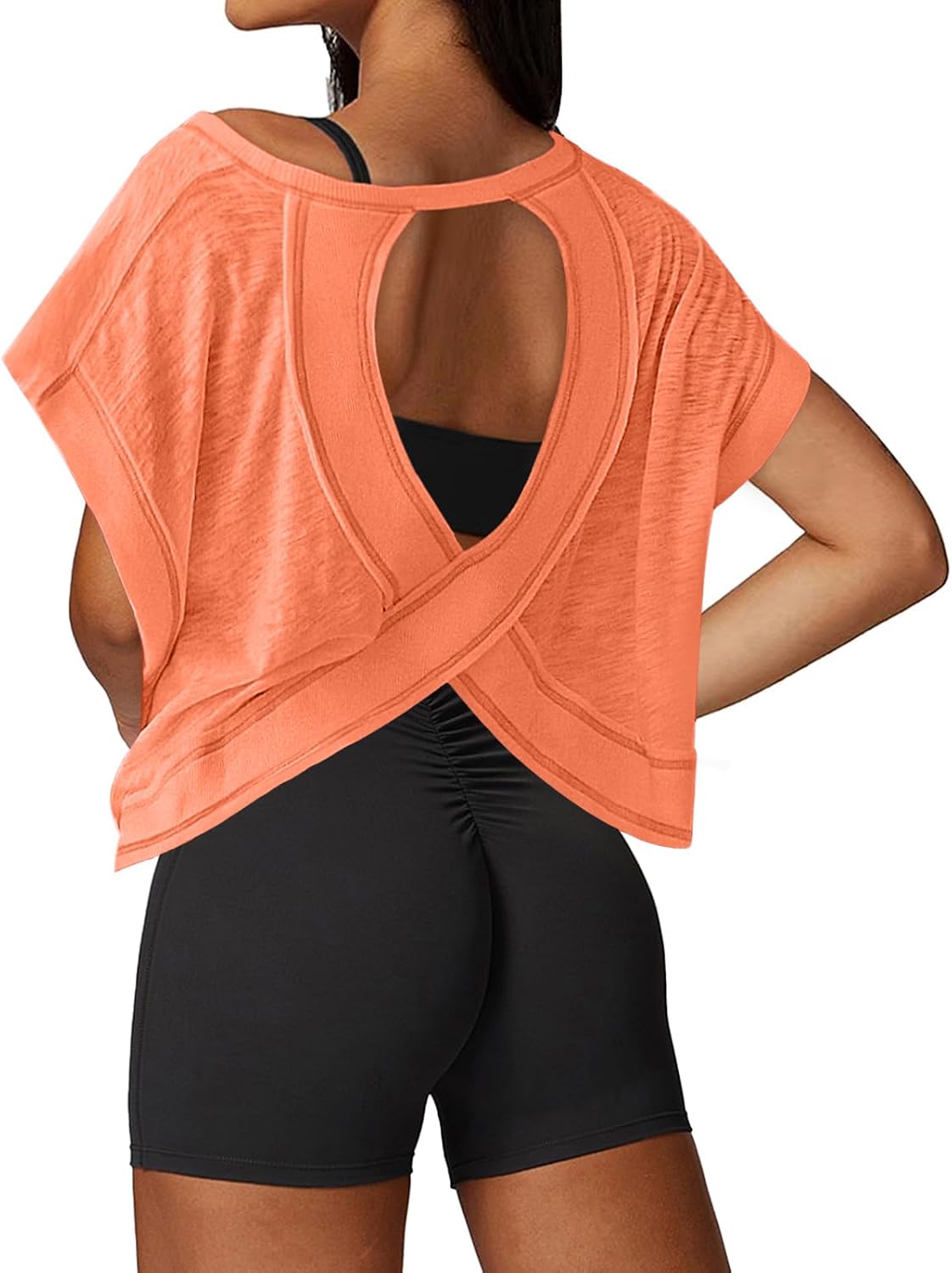 Open Back Workout Tops for Women Loose Fit Athletic Crop Tee Short Sleeve Gym Running Yoga Shirt