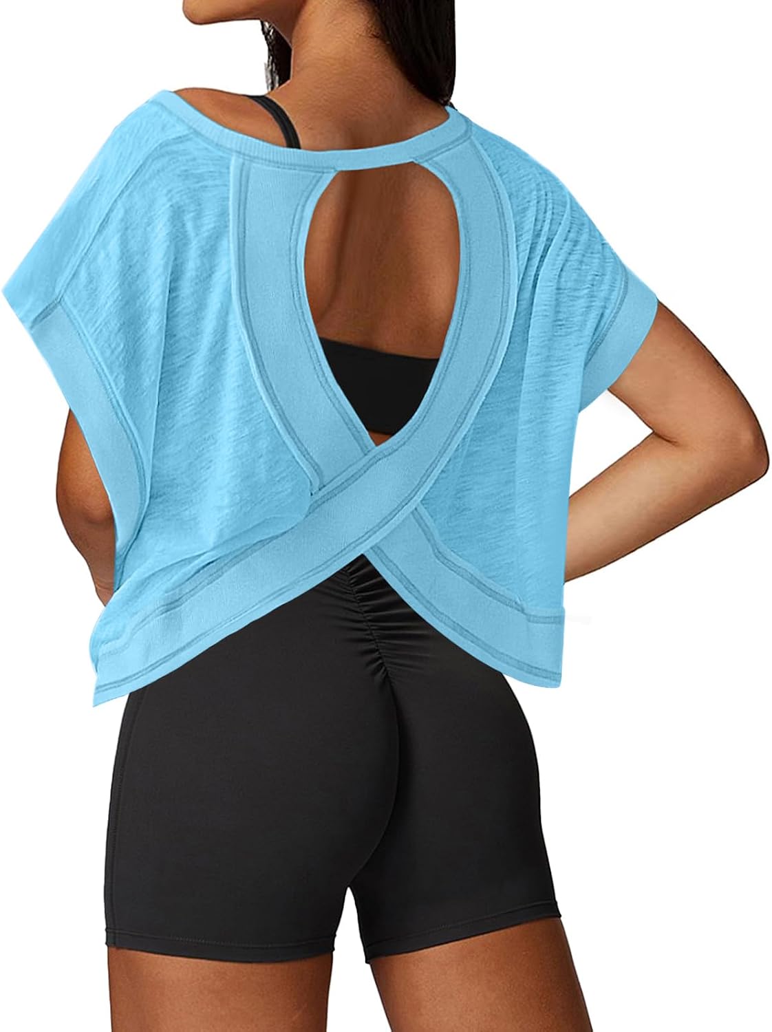 Open Back Workout Tops for Women Loose Fit Athletic Crop Tee Short Sleeve Gym Running Yoga Shirt